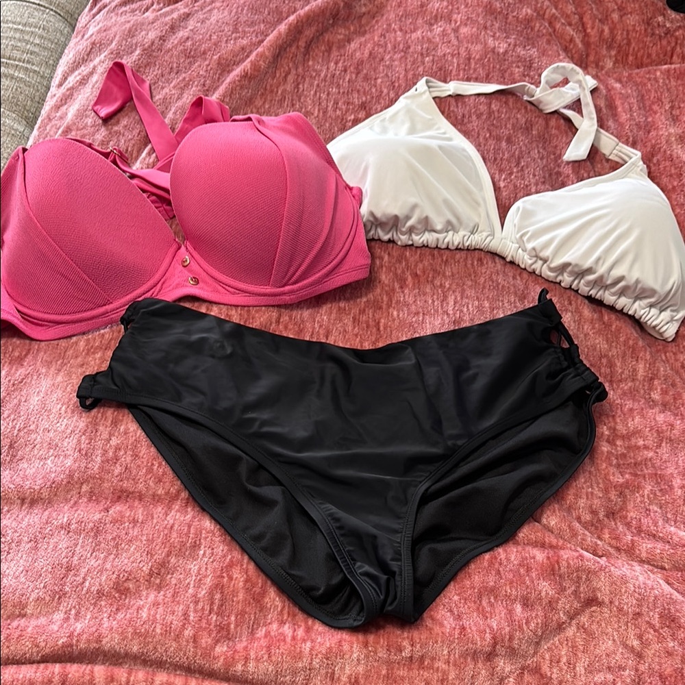 Pink and White Bikini Set with Black Bottoms